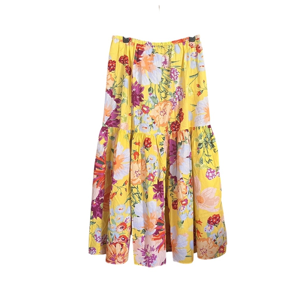 H&M Yellow Multicolored Floral Boho Single Tier Elastic Waist Maxi Skirt Size M